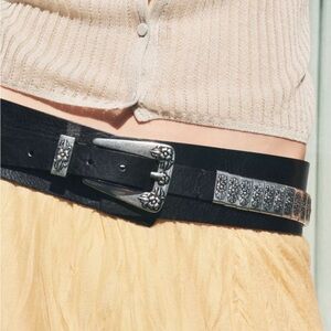 Zara Black Leather Belt with Silver Buckle Size 32